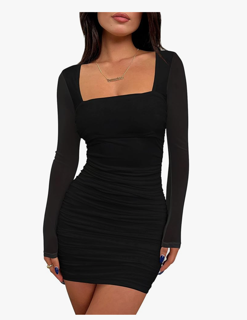 BORIFLORS Women's Sexy Ruched Bodycon Mini Dress Mesh Long Sleeve Club Party Short Dresses S