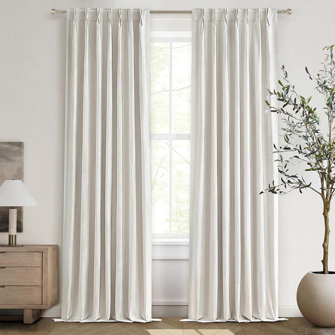 102 Inch Long Curtains Blackout for Bedroom 80 Inches Wide Total Each 40 2 Panels Pinch Pleated Linen Neutral Modern Farmhouse Style Window Drapes for Living Room Back Tab (Beige Ivory) (Birch)