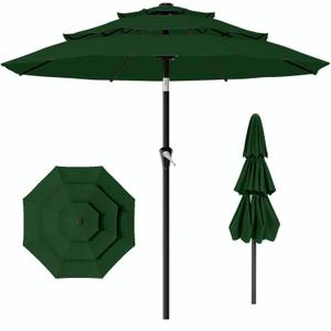 AreShark 9ft 3-Tier Patio Umbrellas, Outdoor Umbrella with 8 Sturdy Ribs UV Protection Windproof, Market Table Umbrella w/Push Button Tilt & Crank for Pool, Porch, Deck, Garden(Dark Green)
