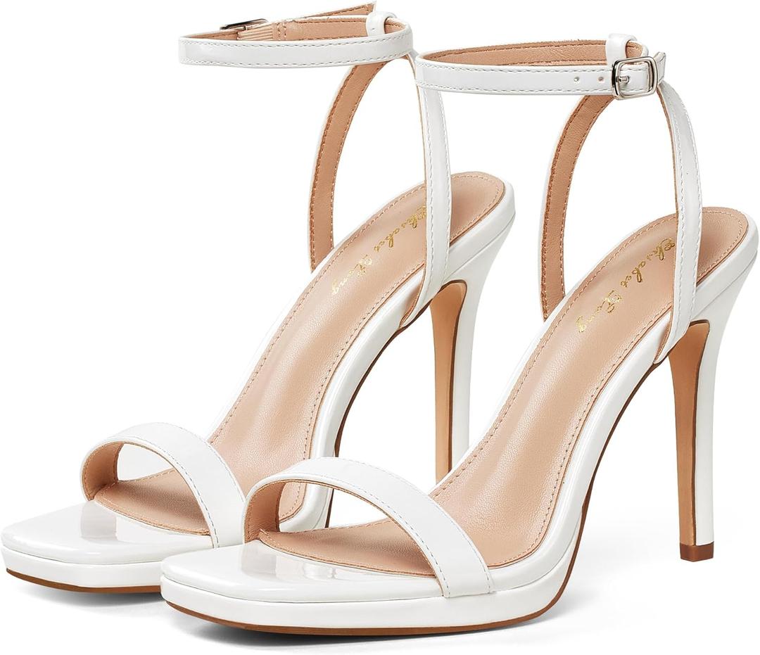 Elisabet Tang Womens Stilettos Heeled Sandals Open Square Toe Heels,4.3 Inch Open Toe Strappy Sexy High Heels Ankle Strap Buckle Heels for Party Wedding Dress Daily Wear Shoes (9, White)