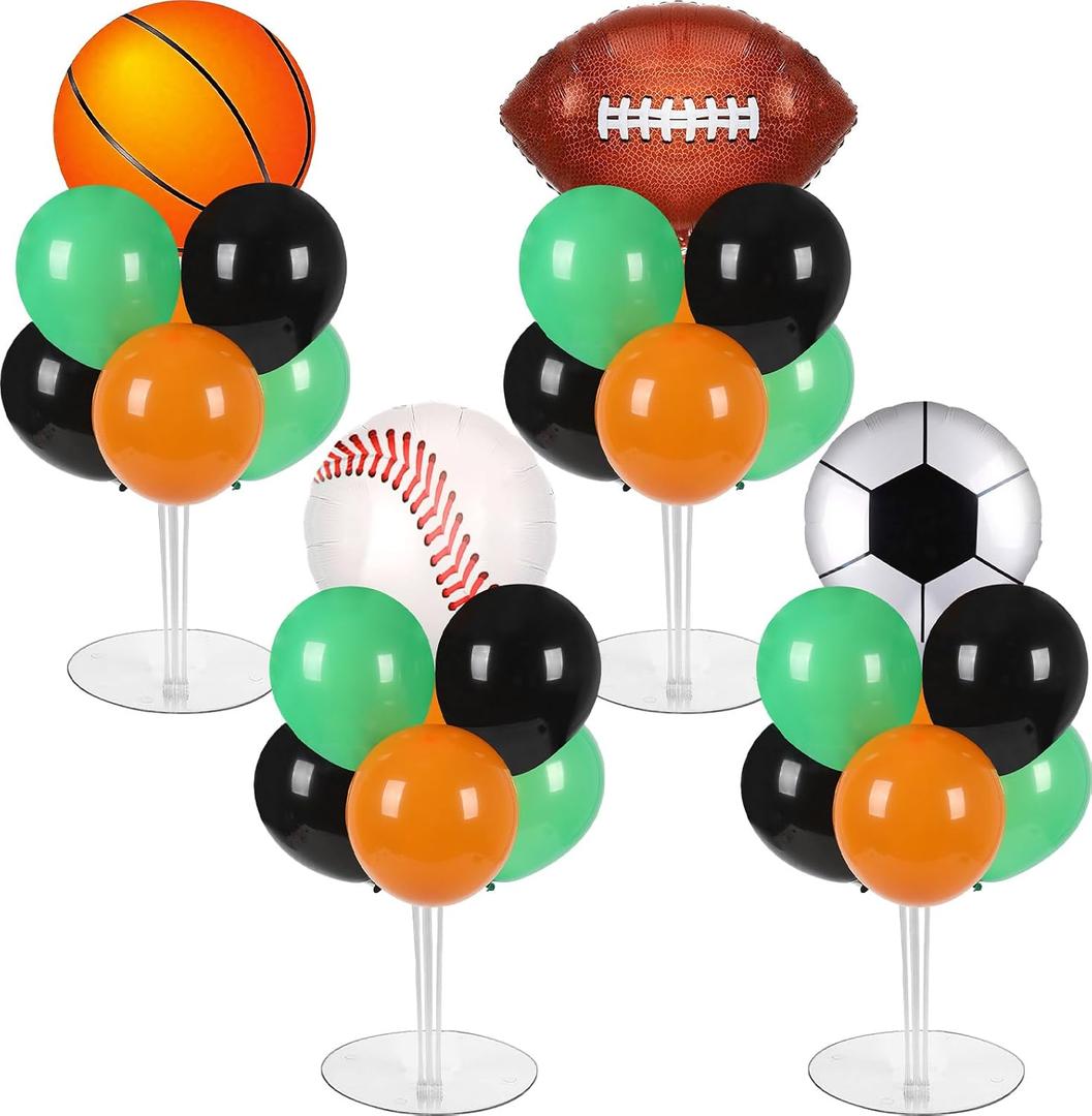 4 Sets Sports Party Balloons Stand Kit with Basketball Football Baseball Foil Balloons Sports Theme Party Balloon Centerpiece for Christmas Winter Tables Game Themed Birthday Baby Shower Decorations