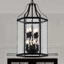 14" Modern 8-Light Exterior Black Lantern Pendant Light Fixture with Clear Rippled Glass Mini Industrial Hanging Cage Chandelier for Outdoor Kitchen Dining Room Hallway Entryway Foyer Porch