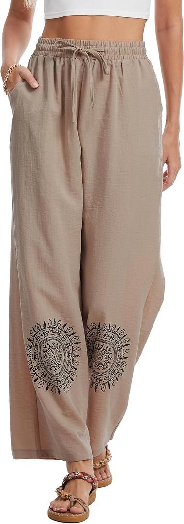 Demoking Cotton Linen Pants Women Straight Leg Casual Loose Drawstring Hippie Beach Vacation Clothes (S)