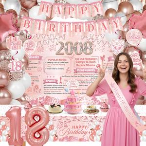 Pink 18th Birthday Decorations - 103 Pcs Happy 18 Year Old Birthday Decorations for Girls Balloons Garland Arch Kit Banner Backdrop Hanging Swirls Tablecloth Cake Cupcake Toppers Sash Supplies