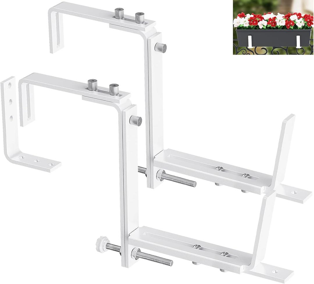 Y&M 2 Pack Deck Railing Adjustable Planter Box Brackets (6 to 12.5 in), Universal Window Box Brackets, Heavy Duty Iron Flower Box Wall Mounting Hooks for Balcony, Fences, Patio, and Garden - White