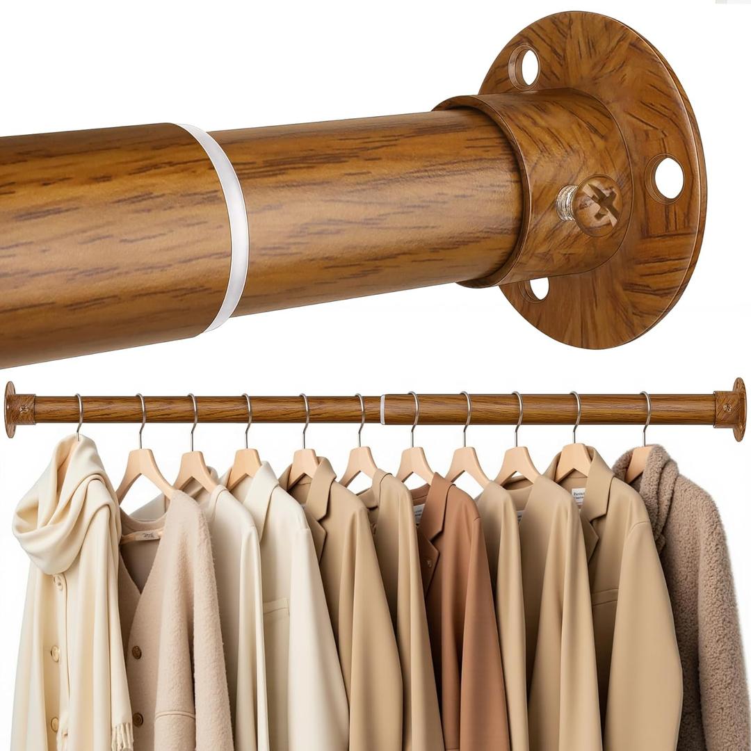 Closet Rods for Hanging Clothes, 17-40 Inch Heavy Duty and Stepless Adjustable Closet Poles, Stainless Steel Closet Hanging Rod for Wardrobes, Laundry Room, Bathroom, RV (Wood-Grain Finish)