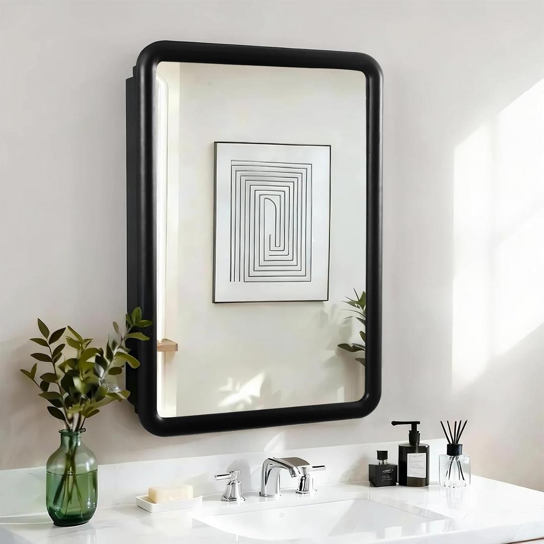 Black Medicine Cabinet, 18x26.5 Inch Wood Framed Mirror, Fully Assembled Recessed or Wall Mount Wood Cabinet with 2 Storage Shelves, Fully Assembled