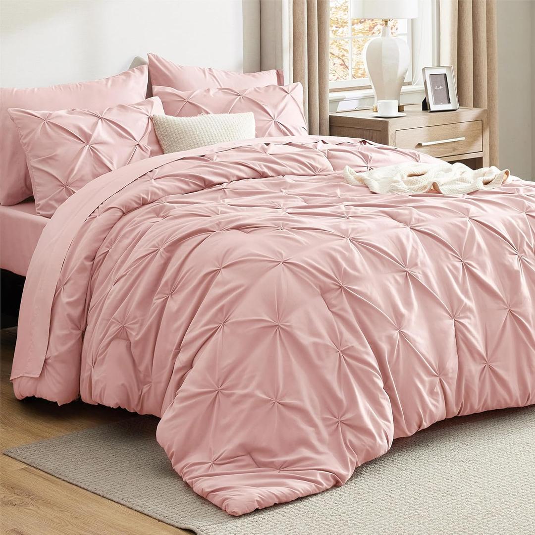 Bedsure Queen Comforter Set Pink - Bed in a Bag Queen Size Bedding 7 Pieces, GentleSoft Pintuck Bed Set Gift for Family, Pinch Pleat All Season Comforter with Sheets, Pillowcases & Shams