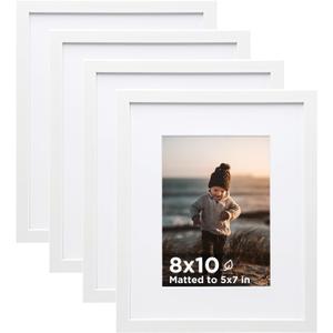 KINLINK 8x10 Picture Frame White Set of 4, Wooden Photo Frames Matted 5x7 with Plexiglass for 5x7 with Mat or 8x10 without Mat for Table and Wall Display