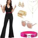 70s Disco Outfits Sequin Jumpsuit for Women, Disco Jumpsuit with Accessories Set for Halloween Cosplay Party  (Large, Black)