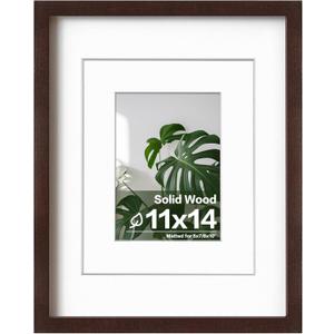 Egofine 11x14 Picture Frame Made of Solid Wood with Plexiglass, Display Pictures 5x7/8x10 with Mat or 11x14 Without Mat for Tabletop and Wall Mounting, Walnut Color