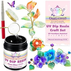FUNSHOWCASE UV Dip Resin for Wire Flower, DIY Wire Art Low Odor Handmade Set, Transparent UV Dip Resin-100ml, 4mm(0.15inches) Copper Wire roll 7m(22.9fts), Winding Rod Size 5mm-9mm(0.19-0.35inches)
