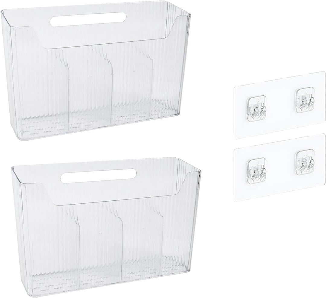 2 Pack Kitchen Wrap Organizer Clear Wall Mounted Bathroom Organizers and Storage Bins for Narrow Space, BPA Free Perfect for Food Storage, Silver Foil, Wax Paper, Sandwich Bags, Plastic Wrap-Mounts