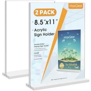 MaxGear Acrylic Sign Holder 8.5x11 Inches 2 Pack, Double Sided Clear Display Stand Table Top Paper Holder, Vertical Menu Flyer Stand, Plastic Frame for Stores, Restaurants, Hotels, Office, Set of 2
