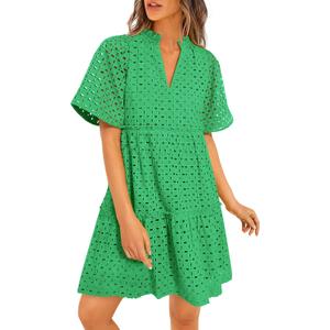 PRETTYGARDEN Eyelet Dresses for Women 2026 Summer Short Sleeve V Neck Hollow Out Ruffle A Line Boho Beach Vacation Mini Dress (Green, L)