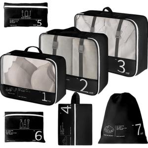 7 Set Packing Cubes for Suitcases Travel Luggage Packing Organizers,Travel Accessories Essentials Luggage Organizer for Shoe/Tioletry/Laundry Bag(Black)