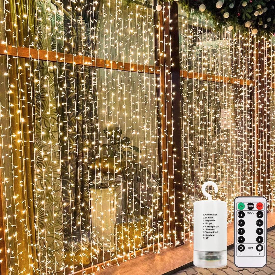 echosari 300 LED Curtain Lights Battery Operated, 9.8ft9.8ft Hanging Light with Remote Timer Fairy Curtain Lights for Bedroom Patio Wedding Backdrop Party Decr (Warm White)