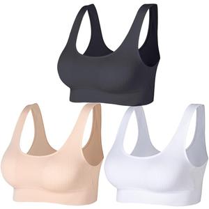 Ribbed Bralettes for Women Yoga Sport Bras Wireless Sleep Bras with Removable Pads 3 Pack Small, Black/beige/white)