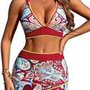 ZAFUL Women's High Waisted Bikini with Skirt Whip Stitch 2 Piece Swimsuits Tummy Control Bathing Suit, XL
