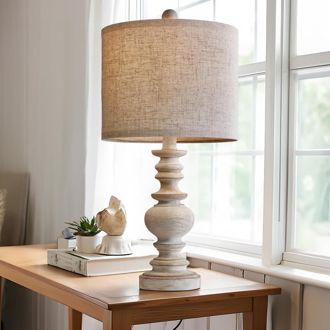 BOBOMOMO Tradition 20" Rustic Single Table Lamp for Living Room Bedroom Bedside Desk Lamps Bedroom Nightstand Vintage Lamps Linen,Suitable for Decorating Small Areas (1 Pack) (1 Pack Off-White Gray)