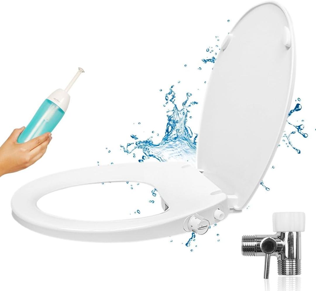 GenieBidet Left Side Bidet Toilet Seat Elongated - Dual Nozzles with T adapter & Bottle - Adjustable Water Pressure & Slow Close Bidet Seat Elongated with No Wiring & Easy Installation