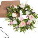 Spring Door Wreath for Front Door with Hook 20-22, Artificial Spring Door Wreath with White & Pink Peony Lavender Rabbit Wood Sign, Summer Wreaths for Windows Wall Romantic Home Dco