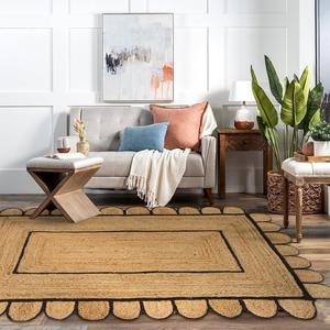 GRUHUM Jute Area Rug 5'x8' ft Scalloped Rectangular Natural Base Black Trim Handwoven Boho Reversible Soft Braided Farmhouse Rugs Indoor EcoFriendly Livingroom Bedroom Kitchen Hallways Enterways 5x8ft