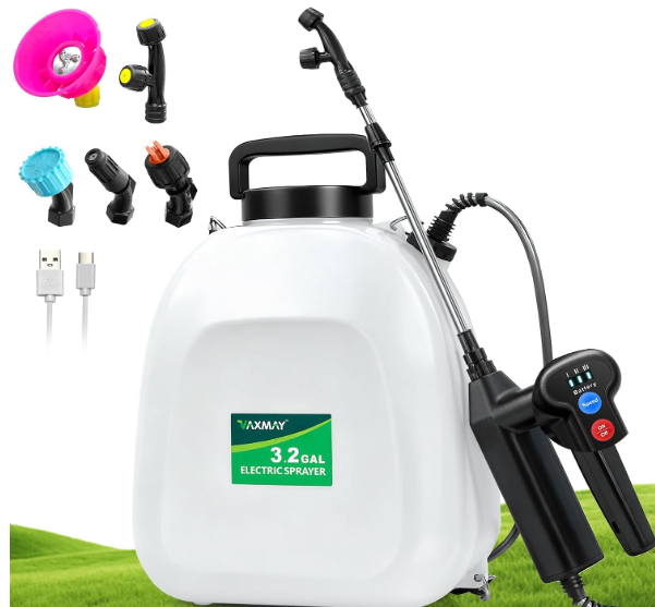 Battery Powered Sprayer 3.2 Gallon, Backpack Sprayer with 3 Adjustable Forces, Battery Indicator, 5 Mist Nozzles, 41" Retractable Wand, USB Rechargeable Garden Sprayer for Weed Lawn Yard