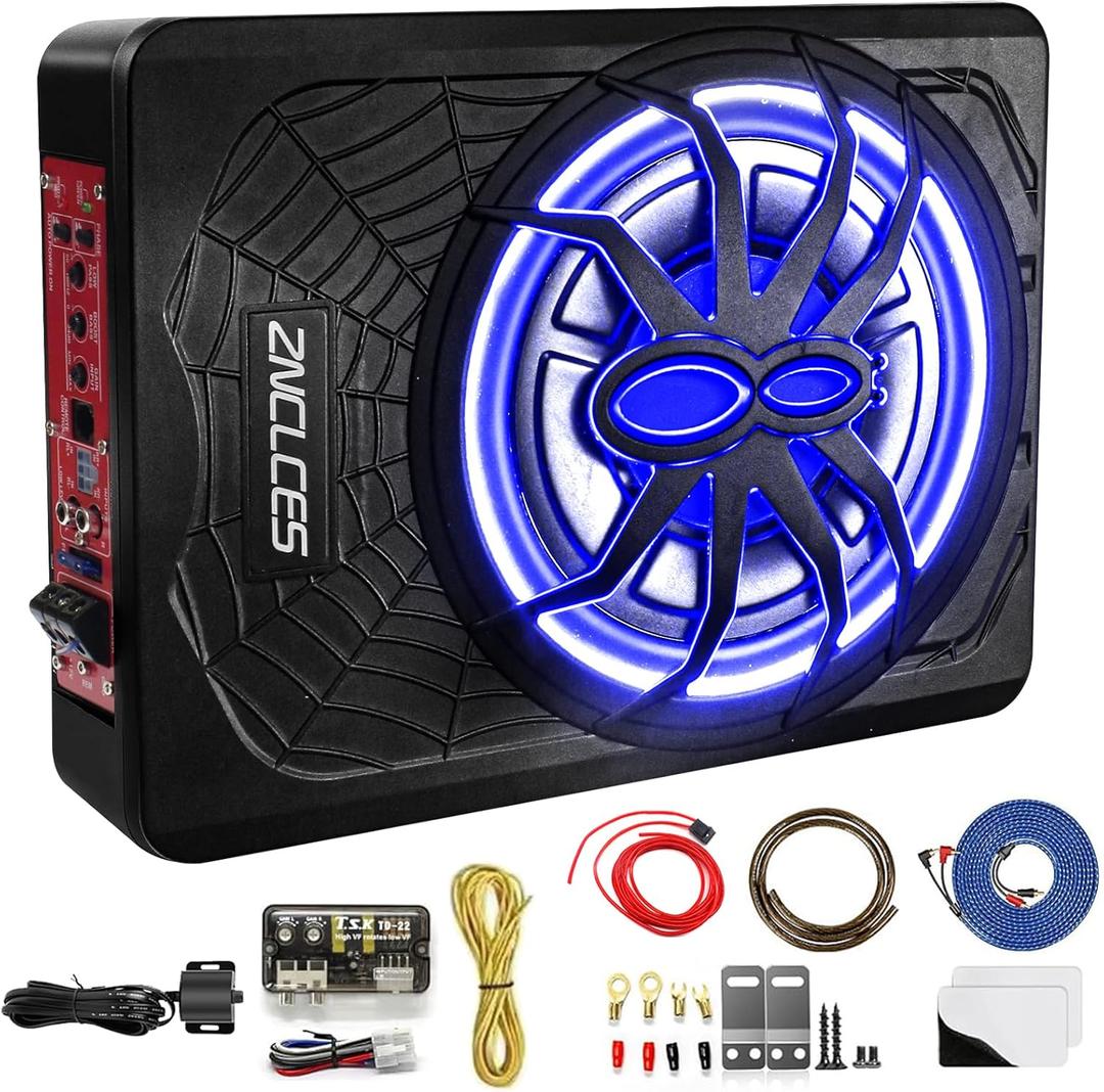 2025 Upgraded 10"1200W Slim Under Seat Powered Car Subwoofer, Car/Truck Sub Built in Amplifier for outstanding Heat Dissipation, Powerful bass and Blue LED Ambient Light enjoy Audio Experience