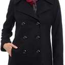 NWT London Fog Womens Pea Coat Black L with Scarf Wool Double Breasted Buttons