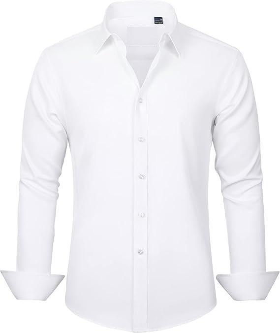 Dress Shirts Solid Long Sleeve Stretch Wrinkle-Free Formal Shirt Business Casual Button Down Shirts 4XL