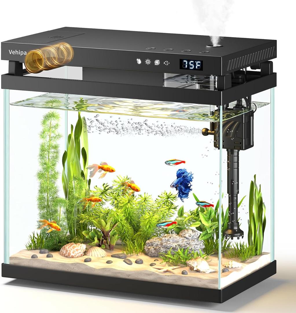 Fish Tank, 2.2 Gallon Smart Aquarium, Small Fish Aquarium Kits with Smart Humidifier, Auto Feeder, Silent Water Pump, Temperature Display & 7-Color Lighting, for Office & Home - Black