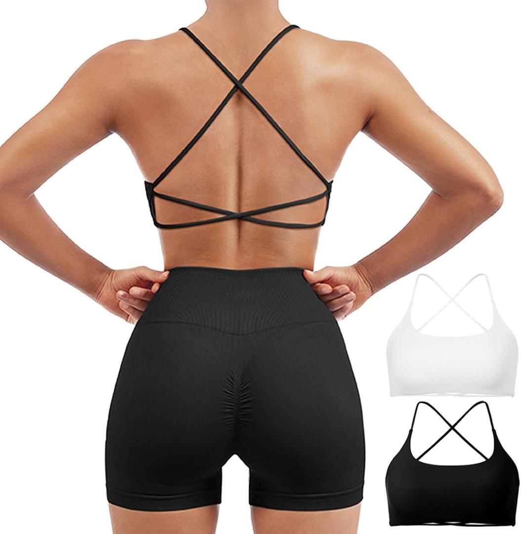 SUUKSESS Women 2 Piece Open Back Sports Bra Pack Strappy Workout Gym Yoga Crops (Large, #1 Pack (White & Black))