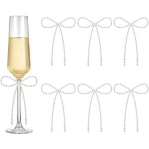 Riceshoot 6 Pcs Pearl Bow for Wine Glass Candle Holder Decor Bow Candlestick Holder Decoration 7 x 4.3 Inch Champagne Glass Decor Wedding Anniversary Bridal Shower Bachelorette Party Gift