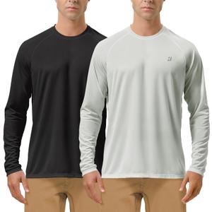 Roadbox Mens UPF 50+ UV Sun Protection Shirts Outdoor Long Sleeve SPF Rash Guard for Fishing Hiking Swimming Running (2 Pack - Black, Gray)