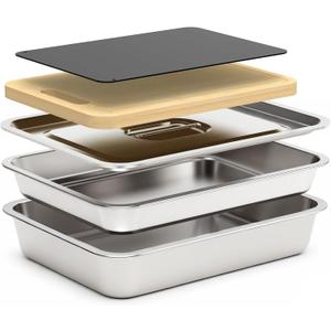 5pcs Grill Prep Trays Sets, Stainless Steel Grilling Prep and Serve Tray, Marinade Container with Lid, Thawing Board, Cutting Board, BBQ Grill Accessories, Grilling Gifts for Mens