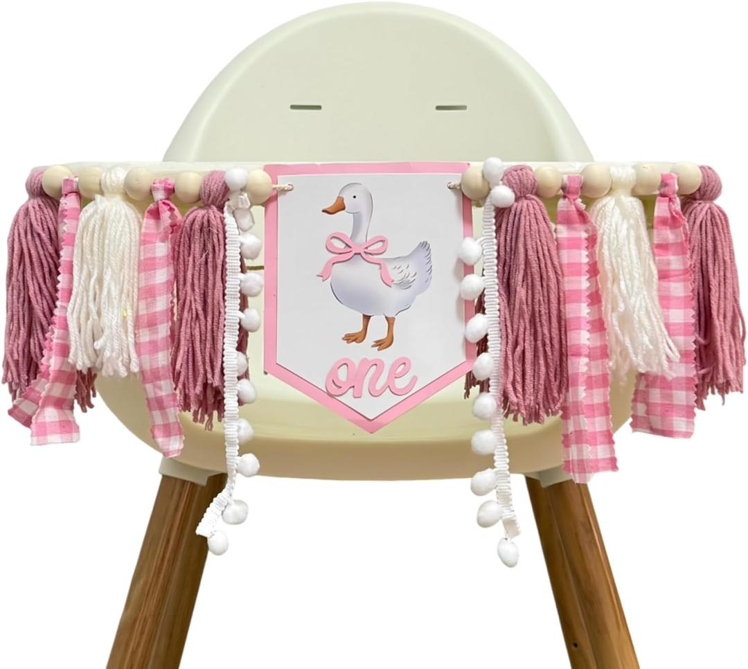 Silly Goose ONE High Chair Banner Pink Gingham Yarn Tassel Garland for One Silly Gosse Theme Girl Sweet One First Birthday Decorations