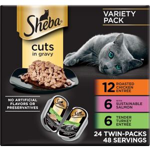 Sheba Perfect Portions Wet Cat Food Cuts in Gravy, Cat Food Wet Recipe, Roasted Chicken Entree, with Sustainable Salmon, Tender Turkey Entree, 2.6 oz. Twin-Pack Trays (24 Count, 48 Servings) (EXP 02/29/28)