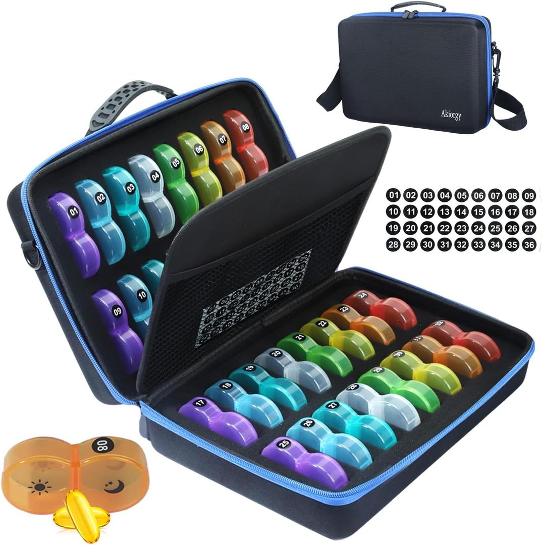 Monthly Pill Organizer Box 2 Times a Day, Monthly Pill Box AM PM with 32 Daily Pocket Case, Traval Pill Box with Portable Hard Case, Extra Large Medicine Box Holds Vitamin, Cod Liver Oil & Supplement (Blue)