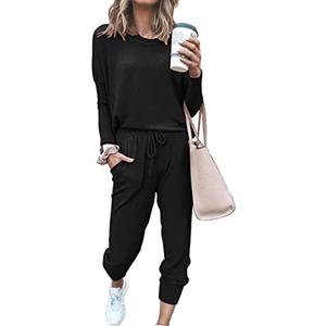 PRETTYGARDEN Women Fall 2 Piece Lounge Outfit Long Sleeve Tops High Waisted Jogger Pants Set Spring Travel Clothes Tracksuit (Black,Medium)