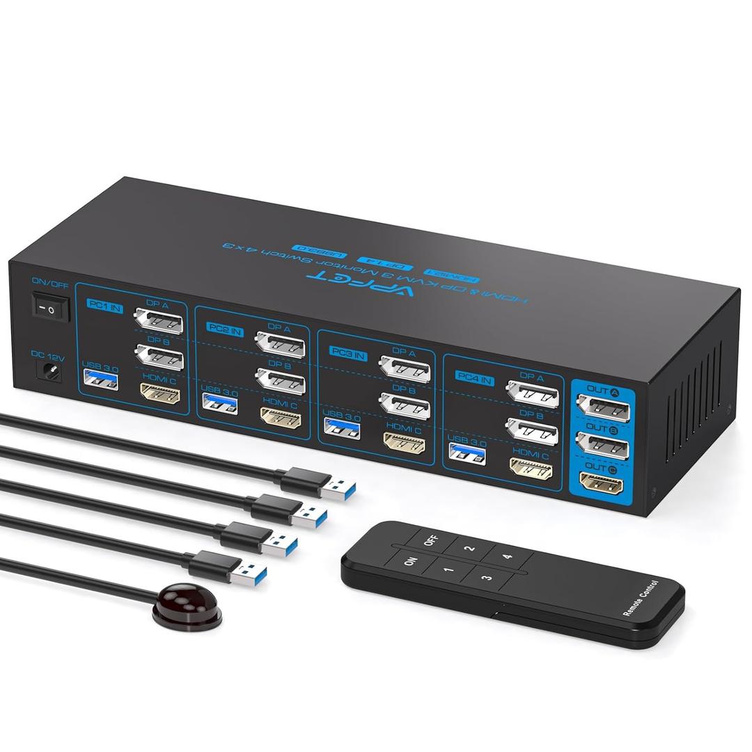 8K HDMI + 2 Displayport KVM Switch 3 Monitors 4 Computers 4K144Hz USB 3.0 KVM Switches Triple Monitor for 4 Computer Share 3 Monitor and 4 USB 3.0 Ports Support Extended/Copy Mode (Deep Blue)