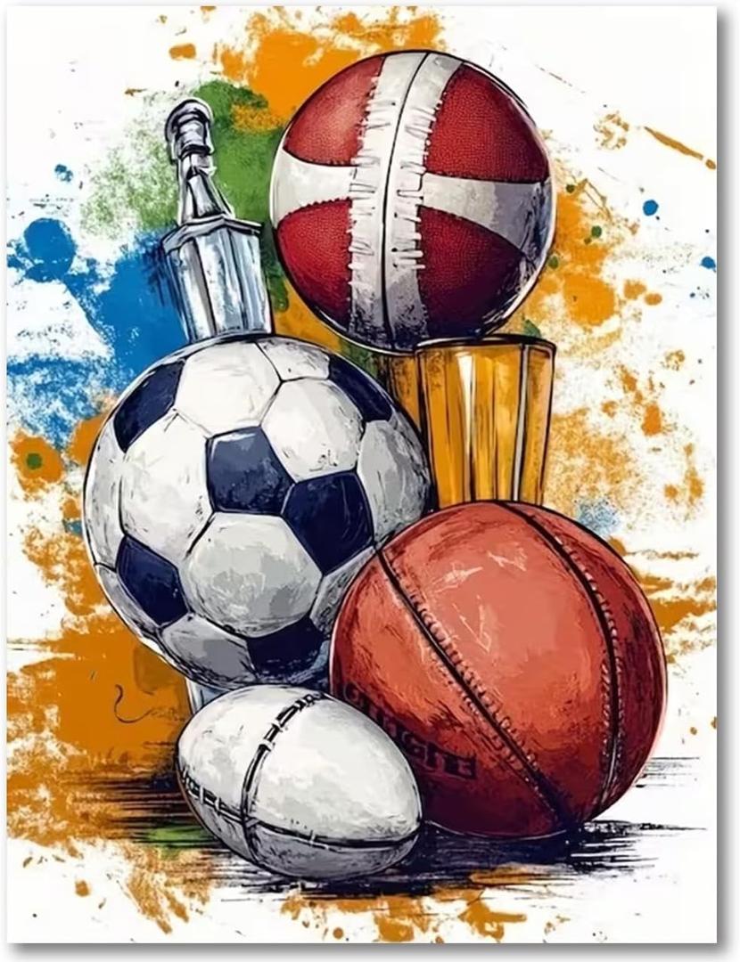 3 x Ball Sports Diamond Art Kits for Adults,Graffiti Sports 5D Diamond Painting Kits for Adults,Full Drill DIY Diamond Dots Gem Art Craft Kit Home Wall Decor 12X16 inch（Baseball Rugby Basketball Football）