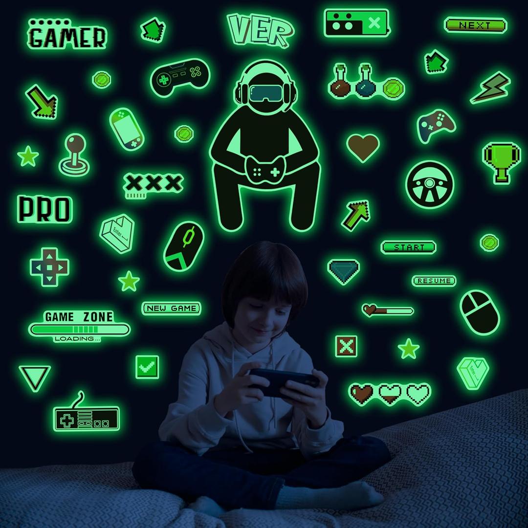 Glow in The Dark Gamer Wall Stickers, Game Controller Joystick Video Gaming Wall Decals, Boys Baby Kids Bedroom Playroom Room Decor Nursery (Luminescent-010wscp-green)