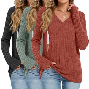 3 Pack Women's Maternity Nursing Tops, V Neck Breastfeeding Sweaters Long Sleeve Hidden Zipper Shirts (Medium, Black, Green, Brick Red)