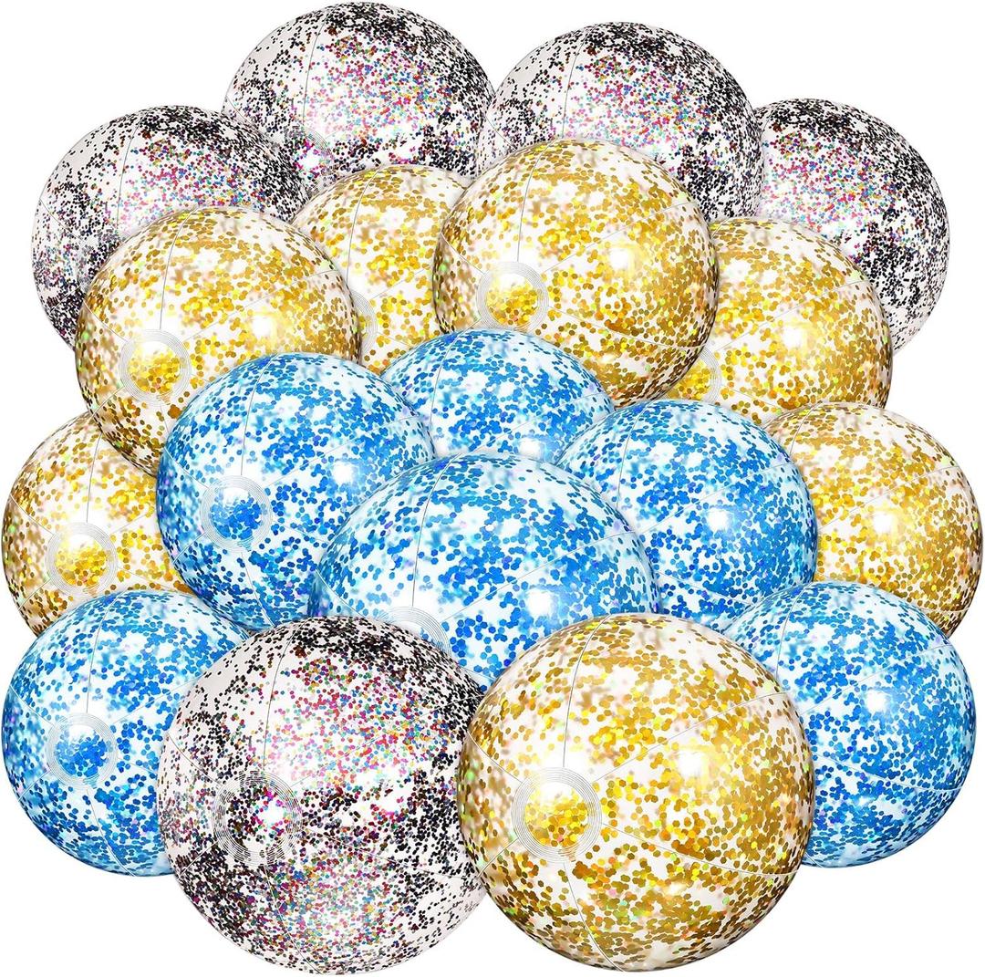 Chivao 18 Pcs Large Beach Balls 24 Inch 16 Inch Inflatable Beach Ball Sequins Swimming Pool Ball Floatable Glitter Ball for Summer Pool Beach Outdoor Party Favors (Multi Color, Blue, Gold, Rose Gold)