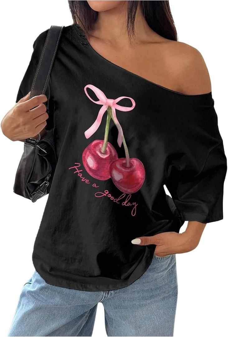 RoseSeek Women's Off The Shoulder Tops Floral Graphic Oversized Tshirts Shirts Y2k Summer Tops Trendy (Black, S)