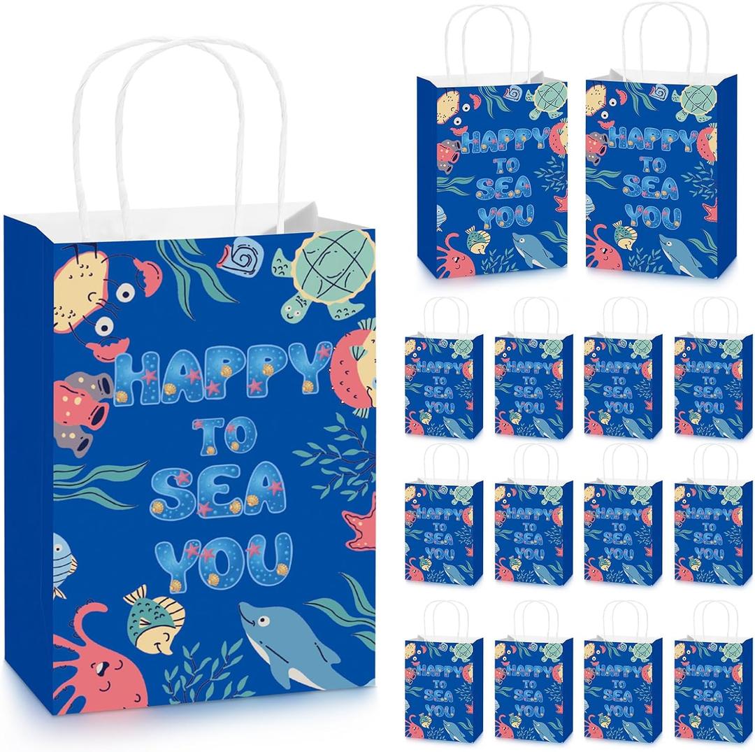 Kolldenn 25 Pcs Under The Sea Party Favor Bags Bulk Ocean Animals Paper Gift Bags with Handles Happy to Sea You Ocean Animal Themed Gifts for Coworkers Family Friends Teachers Students Gifts