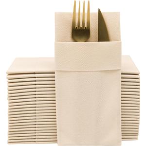 Beige Dinner Napkins Cloth Like with Built-in Flatware Pocket, Linen-Feel Absorbent Disposable Paper Hand Napkins for Kitchen, Bathroom, Parties, Weddings, Dinners or Events, 16x16 inches, Pack of 50, Beige