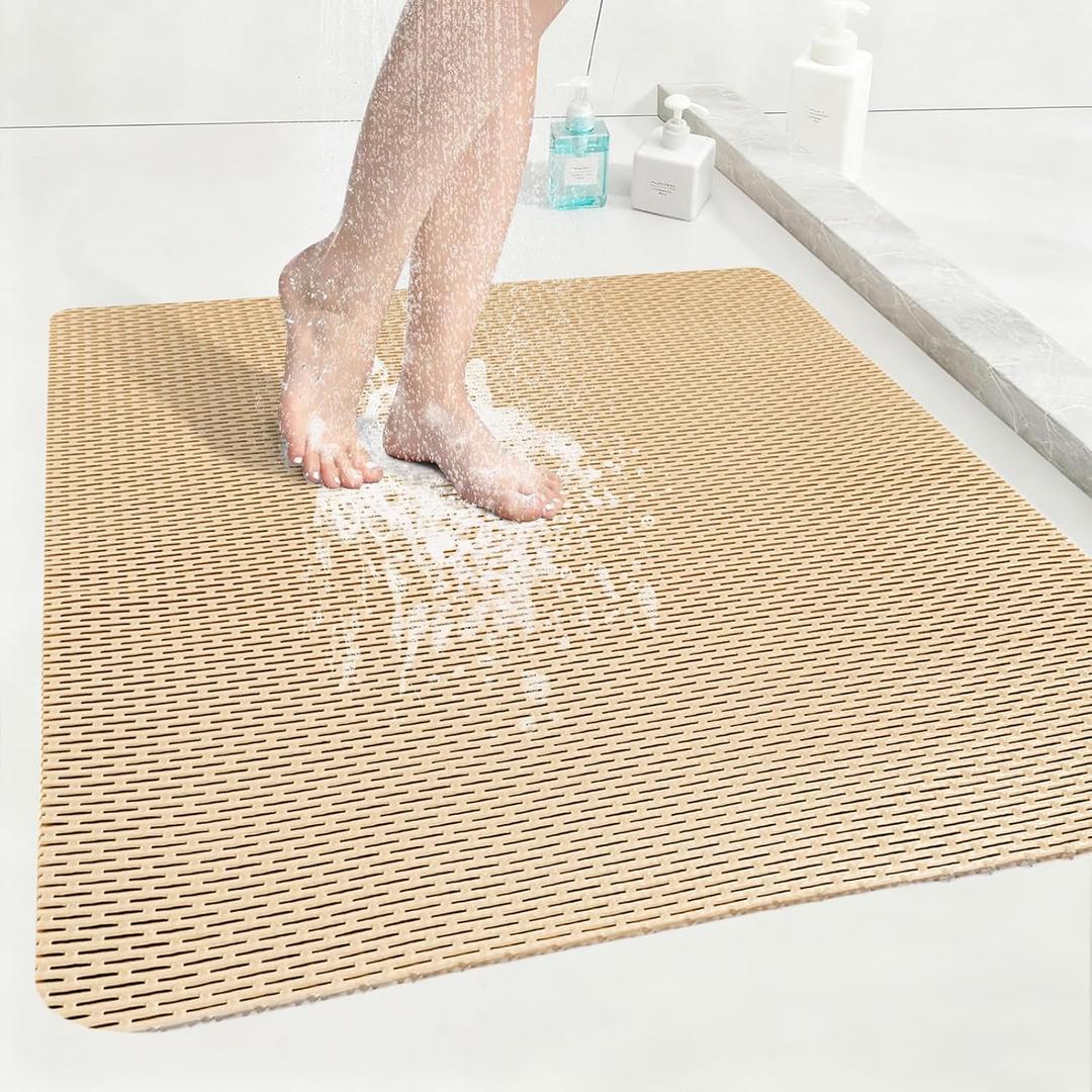 Square Shower Mat: 32"x32" Extra Large Non Slip Shower Mats for Inside Shower, Trimmable PVC Anti Slip Shower Stall Mats, Quick Dry Stand Up Shower Mat for Elderly, Kids (Khaki)