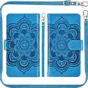 Asuwish Phone Case for OnePlus 9 OnePlus9 5G Zipper Wallet Magnetic Cell Cover with Tempered Glass Screen Protector Strap Flower Card Holder One Plus9 On 1 Plus 1plus One+ 1+ 1+9 Nine Women Girls Blue